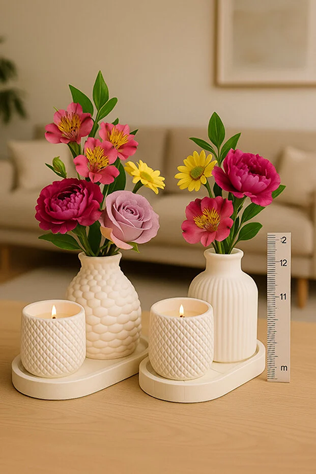 Çiçekli Seramik Vazo Ve Mum Seti – 2’li Dekoratif Masa Süsü(ÇİCEKLER DAHİL DEĞİLDİR)